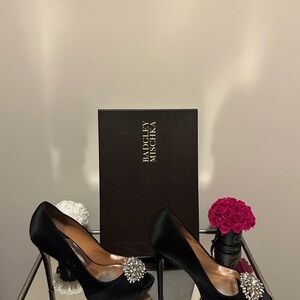 Badgley Mischka Black Satin Heels with Crystal Embellishment